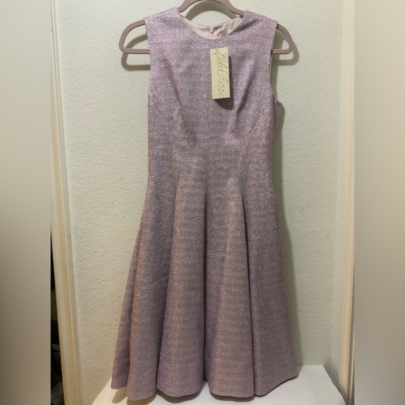 $1595 New LELA ROSE  Shimmery LILAC  Metallic Tweed GODET Flared Dress  4 NWT - Picture 5 of 13